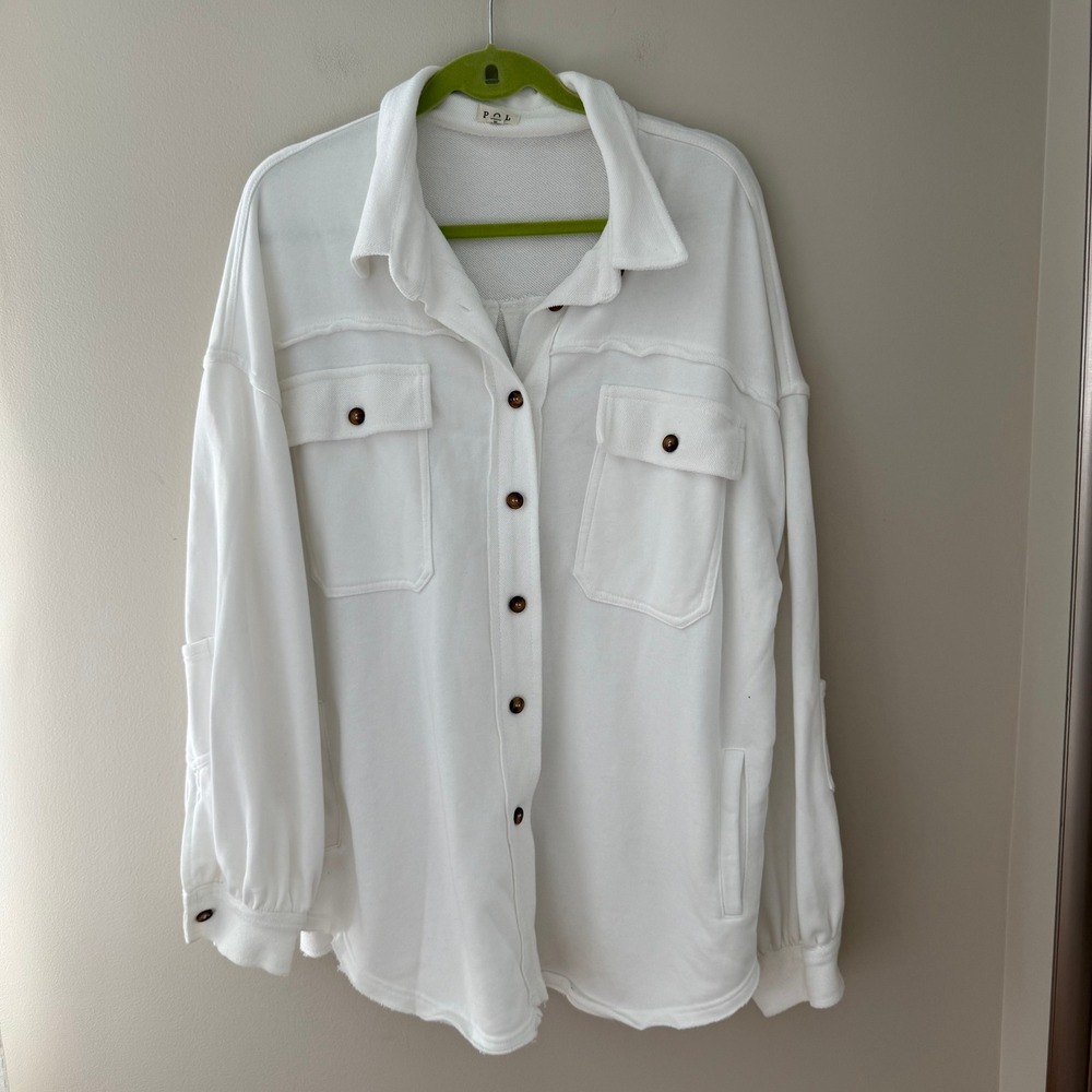 POL White French Terry Button Down Shacket Oversized Distressed BW1424 L